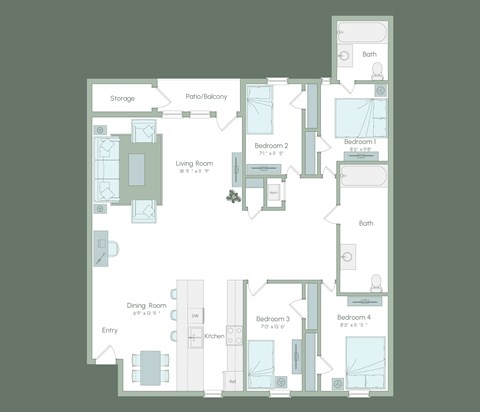 A floor plan of a house with a living room, dining room, kitchen, and four bedrooms.